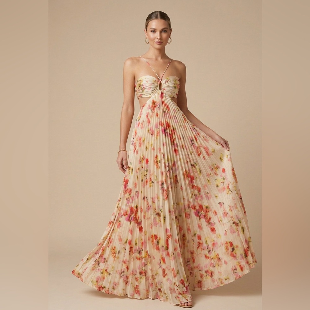 A.L.C. Floral Pleated Strapless Maxi Dress in Blush Floral